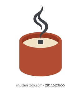 This minimalist vector illustration displays a simple orange candle with wisps of smoke rising from the center. The clean flat graphic style captures the essence of relaxation and aromatherapy for use in home decor or wellness themes for digital media.