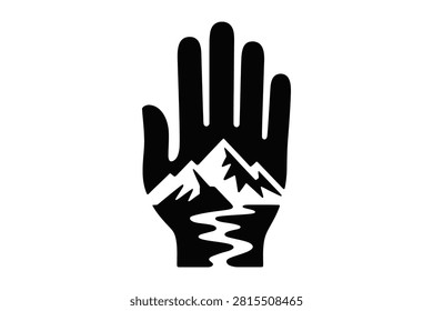 This minimalist vector illustration displays a black human hand silhouette containing white negative space that depicts mountain peaks and a winding river stream to represent connection with nature outdoors