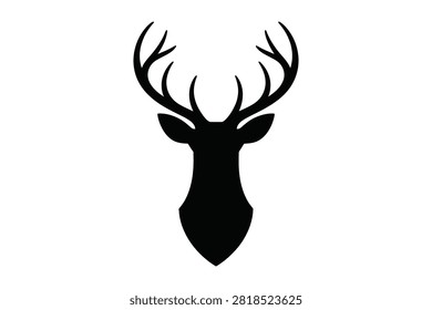 This minimalist vector illustration displays a black deer head silhouette with branched antlers set against a clean white background. Perfect for nature themed design projects wildlife art and lodge decor.