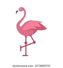 This minimalist vector illustration features a pink flamingo standing on one leg, its long neck curved gracefully