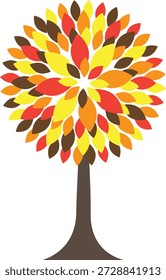 This minimalist vector illustration features a stylized autumn tree with a circular canopy formed by overlapping leaf shapes in warm fall tones, creating a visually appealing representation of the season. The simple brown trunk and clean, flat design emphasize elegance and clarity, making the artwork versatile for a wide range of creative projects. Ideal for seasonal graphics, posters, greeting cards, digital media, and design compositions, the illustration captures the essence of autumn in a modern, simplified style. The warm color palette evokes feelings of coziness, nature, and seasonal change, making it suitable for lifestyle, decoration, or thematic content celebrating fall. Designed with scalability in mind, this vector artwork can be used for web, print materials, social media posts, educational resources, and illustration projects, providing a flexible and professional visual element. Its minimalist approach allows it to blend seamlessly into various layouts while maintaining visual interest through the interplay of circular forms and overlapping foliage. Perfect for marketing materials, seasonal branding, festive campaigns, or editorial content, the communicates both simplicity and creativity, appealing to designers, educators, and content creators. The stylized tree captures the transitional beauty of autumn, highlighting themes of growth, change, and natural elegance. This versatile piece works well in thematic collections, displays, environmental projects, or creative compositions focused on nature, trees, and the fall season. The combination of flat art, balanced composition, and harmonious color scheme ensures the artwork is eye-catching and adaptable for diverse applications, making it an essential asset for any  creative project. With its clean lines and modern aesthetic, this minimalist autumn tree provides an engaging visual that can enhance digital and print media, marketing, personal projects, and professional designs centere