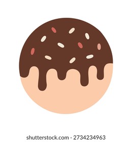 Esta Ilustración vectorial minimalista presenta una masa redonda rematada con glaseado de chocolate derretido. Pequeñas aspersiones de colores añaden un toque de dulzura al diseño plano simple. Es un gráfico perfecto para panaderías, postres o proyectos creativos con temática gastronómica.