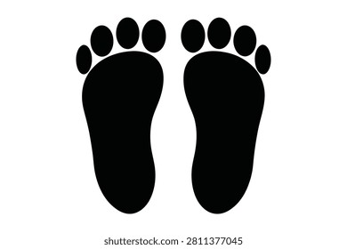 This minimalist vector illustration features a simple pair of black baby footprints set against a clean white background. The graphic design represents tiny infant feet with rounded toes and is ideal for nursery decor or creative baby shower invitations.