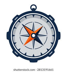This minimalist vector illustration features a blue compass with a sharp orange directional needle representing accurate navigation and travel guidance. The design is clean and professional making it perfect for adventure themed projects or travel icons.