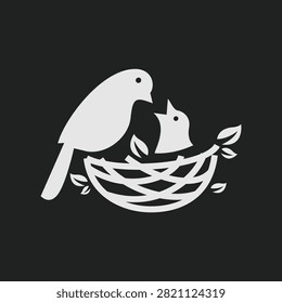 This minimalist vector illustration features a stylized parent bird gently feeding a baby chick nestled in a simple nest adorned with leaves, rendered in a clean, high-contrast black and white design. The elegant graphic conveys themes of parental care, nurturing, and family, making it ideal for logos, icons, educational materials, or designs related to nature, wildlife, and growth.