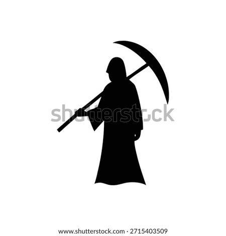 This minimalist vector illustration features a stark black silhouette of the Grim Reaper, the mythological personification of death. The figure is depicted wearing a hooded robe and holding a large, curved scythe over one shoulder. The high-contrast image is presented against a plain white background, emphasizing the figure's form and symbolic meaning associated with mortality, fate, and the supernatural.