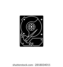 This is a minimalist vector illustration of a Harddisk icon, featuring a simple, clean, and solid glyph style. The icon can be used as a symbol, sign, or logo.
