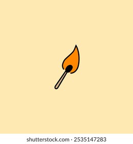 Esta é uma ilustração vetorial minimalista de uma correspondência iluminada. A chama é laranja com um contorno preto, e o fósforo é simples com um contorno preto fino contra um fundo amarelo claro.