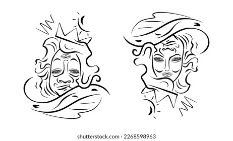 This minimalist vector illustration on a white background has a unique property - it depicts a cartoon kings head when viewed one way, and a stylish woman s face with a feathered hat when flipped