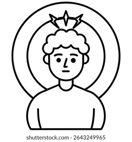 Esta ilustração vetorial minimalista retrata um caráter divino, ideal para o design religioso. Apresentando um santo com uma coroa e halo em um estilo contornado