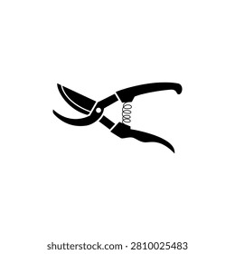 This is a minimalist vector illustration of a Pruning Shears icon, featuring a simple, clean, and solid glyph style. The icon can be used as a symbol, sign, or logo.
