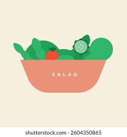 This is a minimalist vector illustration of a salad bowl featuring various green vegetables and a red tomato in a terracotta-colored bowl with "SALAD" text, characterized by clean lines, simple shapes