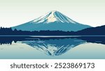 This minimalist vector illustration showcases the iconic Mount Fuji rising above a calm lake, perfectly reflected in the still water below