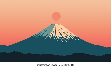 Esta ilustração vetorial minimalista mostra o icônico Monte Fuji. A atmosfera serena evoca tranquilidade e harmonia, incorporando a beleza natural pacífica da montanha mais famosa do Japão