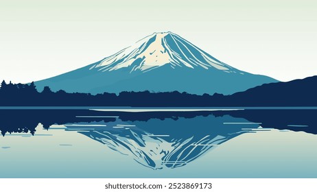 Esta ilustração vetorial minimalista mostra o icônico Monte Fuji que se ergue acima de um lago calmo, perfeitamente refletido na água parada abaixo