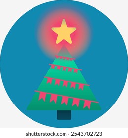 Esta Ilustración vectorial minimalista muestra un árbol de Navidad estilizado en diseño plano, con una estrella amarilla brillante en la parte superior. El árbol está decorado con guirnaldas rojas y está situado contra un vibrante