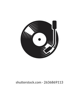 This minimalist vector illustration shows a black vinyl record on a record player against a white background. Perfect for music lovers and vintage designs.