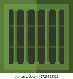 Esta Ilustración vectorial minimalista muestra una ventana verde de la cárcel con barras de la cárcel de Vertical colocadas dentro de una abertura enmarcada. Video Diseñado en un estilo limpio y geométrico, se usa comúnmente como un gráfico de stock para proyectos, efectos de pantalla verde, imágenes relacionadas con el crimen o representaciones simbólicas de confinamiento y justicia.