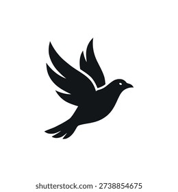 This minimalist vector illustration shows a dove in flying with spread wings, representing concepts of peace, freedom, and hope. Ideal for use as a logo, icon, tattoo design, or graphic element in nature-themed projects.