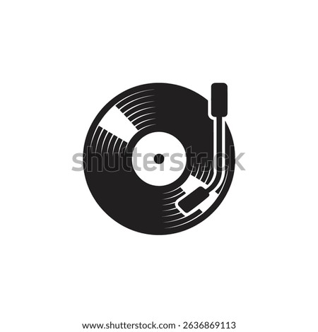 This minimalist vector illustration shows a black vinyl record on a record player against a white background. Perfect for music lovers and vintage designs.