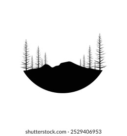 Esta Imagen de Vector minimalista muestra una silueta de medio círculo de un paisaje montañoso con árboles escasos y sin hojas