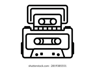 This minimalist vector outline illustration depicts a classic retro cassette player with a magnetic tape inserted inside for audio recording and listening needs. It captures a nostalgic music vibe perfectly.