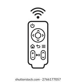 This is a minimalist, vector-style line art icon of a remote control for a television or smart home device, featuring a power button, navigation circle, home button, back button, menu button