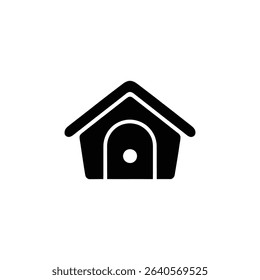 This is a minimalistic black icon of a dog house featuring a peaked roof and a rounded door with a knob, presented in a clean, isolated vector graphic illustration.