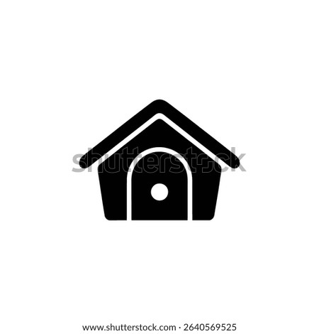 This is a minimalistic black icon of a dog house featuring a peaked roof and a rounded door with a knob, presented in a clean, isolated vector graphic illustration.