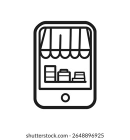 This minimalistic black line vector depicts a smartphone displaying a digital shop facade and stocked shelves. Its transparent background makes it easily adaptable for diverse applications.