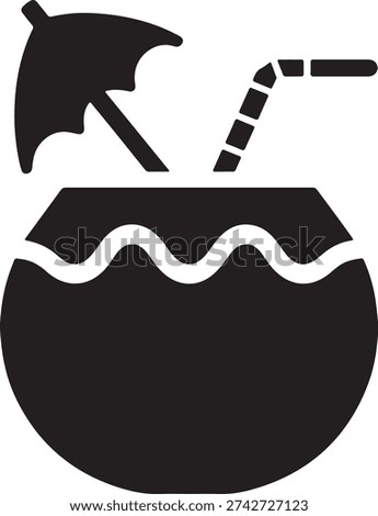 This minimalistic black and white icon depicts a refreshing coconut drink, adorned with a small decorative umbrella and a bent straw.