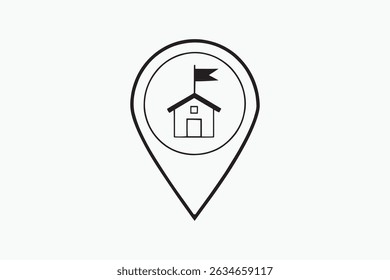 Este é um ícone minimalista de pin de localização de escola preto e branco, ideal para mapas educacionais, diretórios escolares, aplicativos móveis e sistemas de navegação. O design possui um marcador de mapa com um bui escolar
