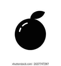 This is a minimalistic black and white vector graphic showcasing a rounded fruit, complete with a petite leaf attached, ideal for icons or logos.