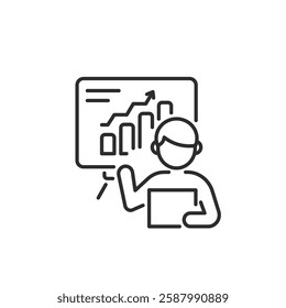 This minimalistic data analysis icon shows a person presenting a visually appealing bar chart, ideal for illustrating analytics and reporting in various digital formats for professional use