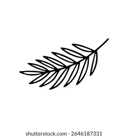 This is a minimalistic hand drawn doodle of a simple leaf and stem branch. The line art is black on a white background, ideal for botanical themes