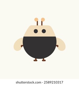 This minimalistic illustration features a cartoon-style robot character with a round body. The robot has a black lower half and a beige upper half, with two small black eyes, two beige arms,