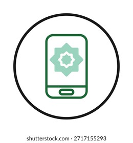 Esta imagem minimalista apresenta um ícone de smartphone exibindo um emblema floral, fechado em um quadro circular. Representa a tecnologia, a comunicação digital e a integração de