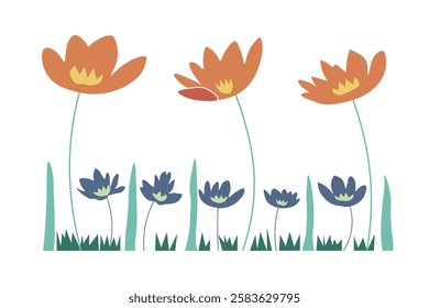 This minimalistic vector art features an arrangement of tall orange flowers with vibrant yellow centers and smaller blue flowers, complemented by soft green grass blades. Ideal nature-inspired design.