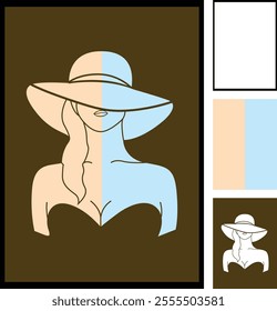 This is a minimalistic vector illustration featuring a stylish woman wearing a wide-brimmed hat and a strapless dress. The design uses soft beige and brown tones, emphasizing elegance and simplicity.