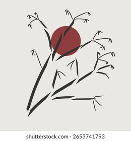 This minimalist-style image features graceful black bamboo silhouettes against a red sun backdrop, evoking a calm, elegant atmosphere with a touch of Eastern aesthetic