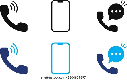 This mobile communication icon set features modern flat vector icons, including a smartphone outline, phone call, ringing handset, chat messaging, and contact symbols in black and blue color variations. Perfect for mobile applications, websites, communication platforms, customer support services, UI-UX design, dashboards, and digital interfaces. These clean, scalable, and editable vector icons provide a professional solution for web design, app development, branding, presentations, and technology-related projects.

#MobileIcon #SmartphoneIcon #PhoneIcon #CommunicationIcon #ChatIcon #MessageIcon #VectorIcons #FlatDesign #UIIcons #UXDesign #MobileApp #WebDesign #Technology #EditableVector #DigitalIcons