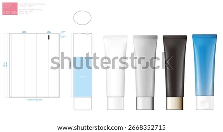 This is a mockup for a cosmetic container made of a tube.
It's a cosmetic tube container produced in Korea, featuring a basic rendering of a 30mm diameter and 50ml capacity, along with printing guidel