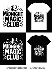 This mockup showcases a t-shirt design with 'midnight magic club' lettering, accompanied by whimsical illustrations of a witch and celestial elements.