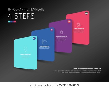Este modelo infográfico moderno de 4 passos em um fundo escuro é perfeito para apresentações de negócios. Use este modelo de infográfico com quatro etapas para visualizar seu processo ou opções de negócios.