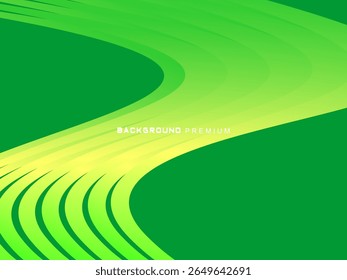 This modern abstract background features shades of bright green and lime yellow with dynamic lines that curve and sharpen, creating the illusion of movement and speed, ideal for digital backdrops, pre