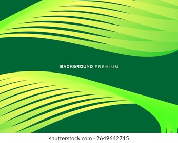 This modern abstract background features shades of bright green and lime yellow with dynamic lines that curve and sharpen, creating the illusion of movement and speed, ideal for digital backdrops, pre