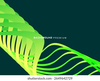This modern abstract background features shades of bright green and lime yellow with dynamic lines that curve and sharpen, creating the illusion of movement and speed, ideal for digital backdrops, pre