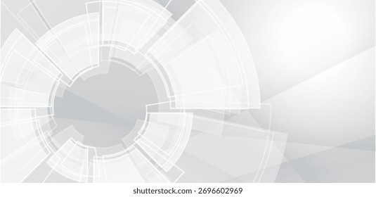 Este moderno fondo abstracto muestra un degradado de blanco a gris claro, con Formas geométricas en capas como círculos y rectángulos para un diseño limpio y futurista