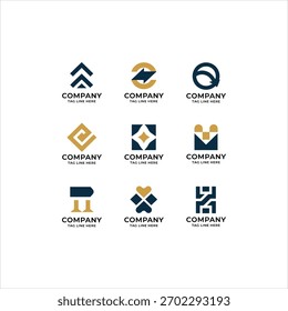 This modern abstract logo set features nine unique geometric designs created with a clean and professional style. Each symbol incorporates elegant shapes, minimal lines, and a refined color palette of