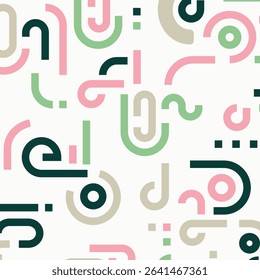 This is a modern abstract pattern featuring curved lines, circles, and vibrant colors like pink, green, beige, and dark green, creating a dynamic visual composition.